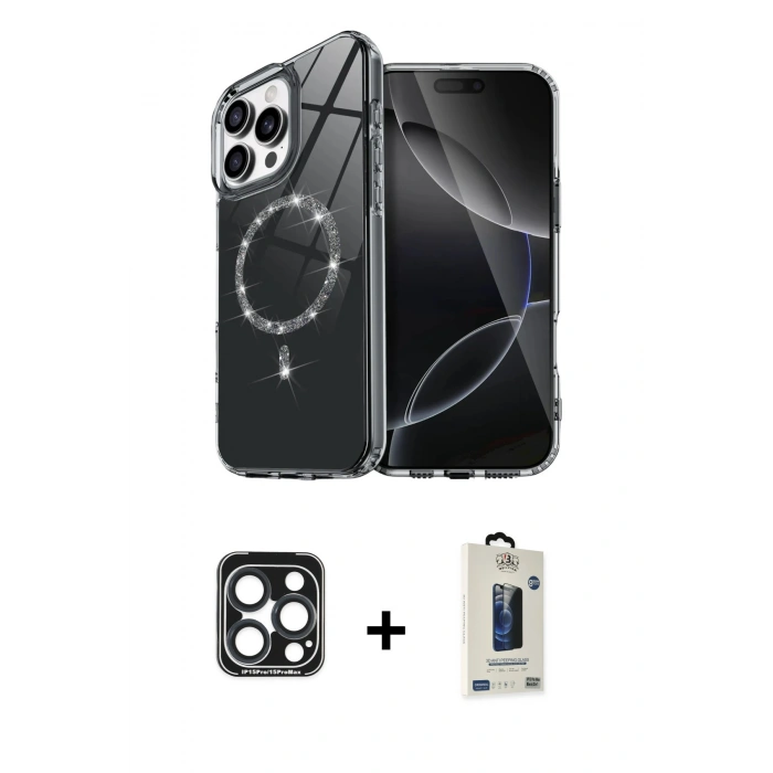 MARSİLYAN™- iPhone 15 Pro Max Kılıf Kıvılcım Form Prime - Siyah Bilvis Hayalet Cam Ekran Koruyucu + PVD Metal Kamera Lens - LT