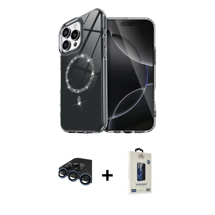 MARSİLYAN™- iPhone 15 Pro Max Kılıf Kıvılcım Form Prime - Siyah Bilvis Hayalet Cam Ekran Koruyucu + Raze Metal Kamera Lens - LT