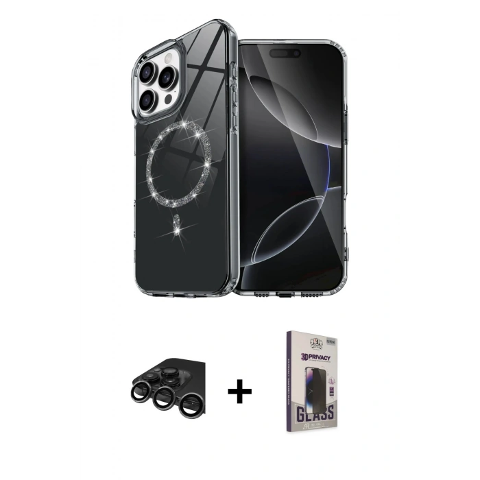 MARSİLYAN™- iPhone 15 Pro Max Kılıf Kıvılcım Form Prime - Siyah Bilvis Hayalet Cam Ekran Koruyucu + Raze Metal Kamera Lens - TMGI
