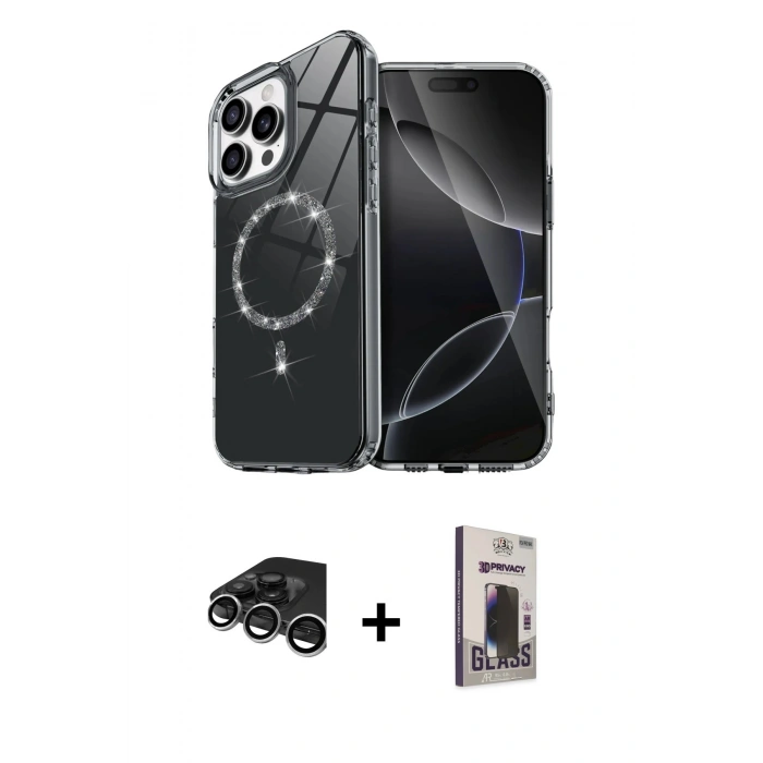 MARSİLYAN™- iPhone 15 Pro Max Kılıf Kıvılcım Form Prime - Siyah Bilvis Hayalet Cam Ekran Koruyucu + Raze Metal Kamera Lens - GS