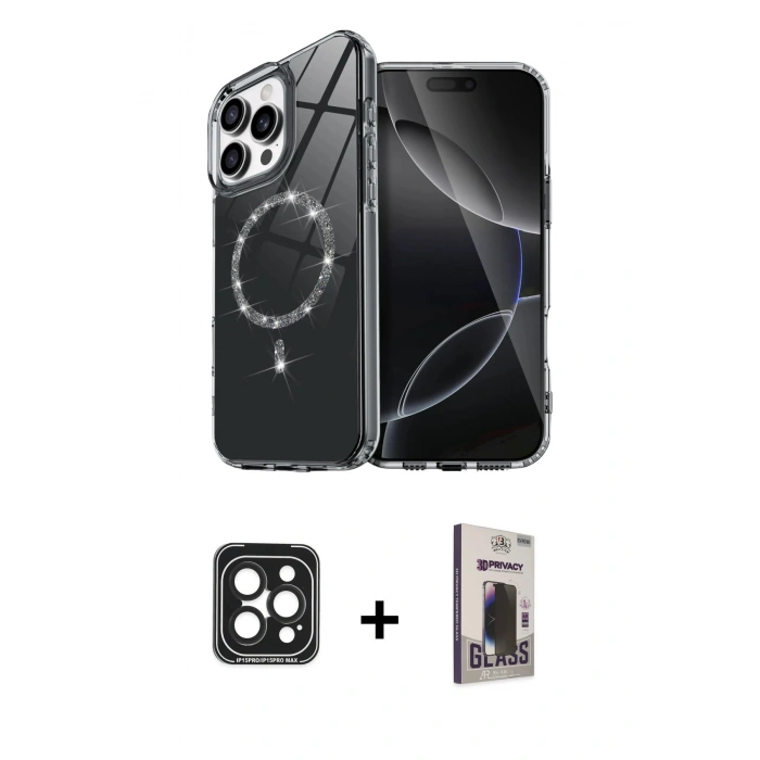 MARSİLYAN™- iPhone 15 Pro Max Kılıf Kıvılcım Form Prime - Siyah Bilvis Hayalet Cam Ekran Koruyucu + PVD Metal Kamera Lens - SH