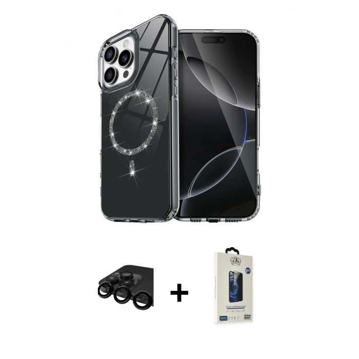 MARSİLYAN™- iPhone 15 Pro Max Kılıf Kıvılcım Form Prime - Siyah Bilvis Hayalet Cam Ekran Koruyucu + Raze Metal Kamera Lens - SH