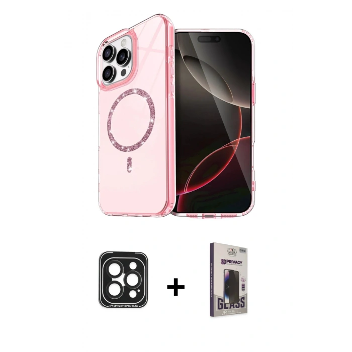MARSİLYAN™- iPhone 15 Pro Max Kılıf Kıvılcım Form Prime - Siyah Bilvis Hayalet Cam Ekran Koruyucu + PVD Metal Kamera Lens - SH
