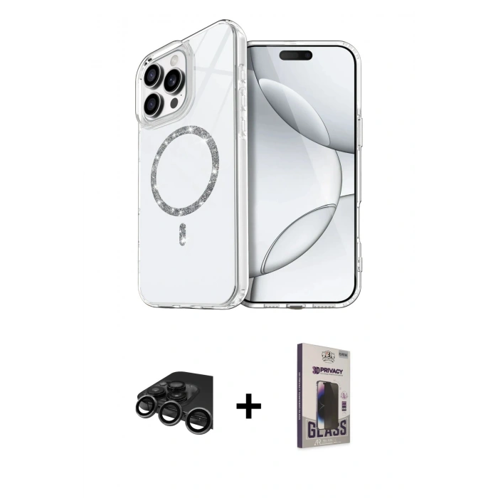 MARSİLYAN™- iPhone 15 Pro Max Kılıf Kıvılcım Form Prime - Siyah Bilvis Hayalet Cam Ekran Koruyucu + Titanyum Gri Raze Metal Kamera Lens