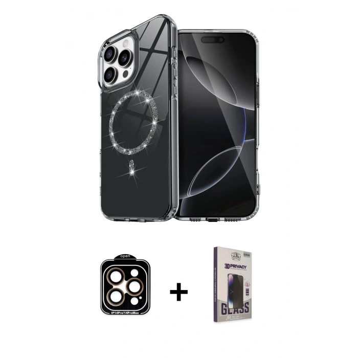 MARSİLYAN™- iPhone 15 Pro Max Kılıf Kıvılcım Form Prime - Siyah Bilvis Hayalet Cam Ekran Koruyucu + PVD Metal Kamera Lens - TU