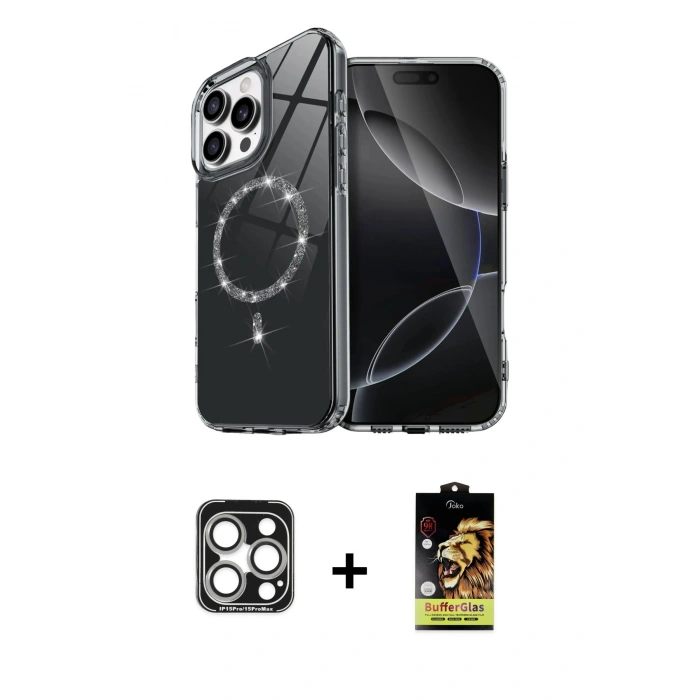 MARSİLYAN™- iPhone 15 Pro Max Kılıf Kıvılcım Form Prime - Siyah Buffer Cam Ekran Koruyucu + PVD Metal Kamera Lens - GS