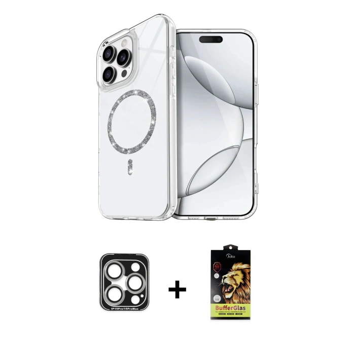 MARSİLYAN™- iPhone 15 Pro Max Kılıf Kıvılcım Form Prime - Siyah Buffer Cam Ekran Koruyucu + PVD Metal Kamera Lens - GS