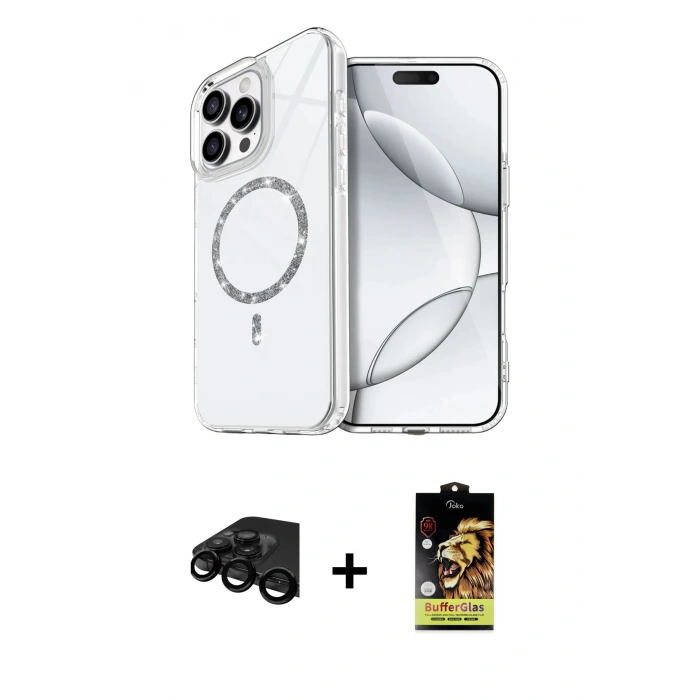 MARSİLYAN™- iPhone 15 Pro Max Kılıf Kıvılcım Form Prime - Siyah Buffer Cam Ekran Koruyucu + Raze Metal Kamera Lens - SH