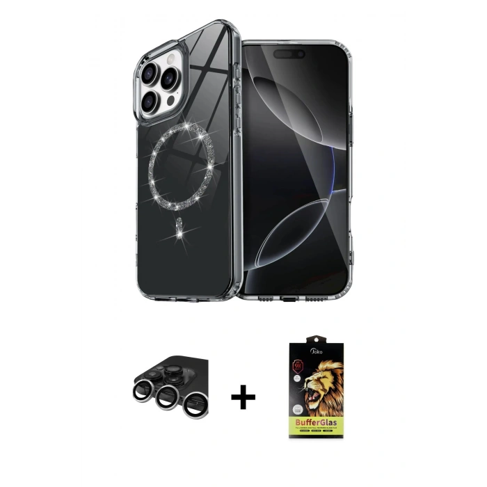 MARSİLYAN™- iPhone 15 Pro Max Kılıf Kıvılcım Form Prime - Siyah Buffer Cam Ekran Koruyucu + Raze Metal Kamera Lens - GS