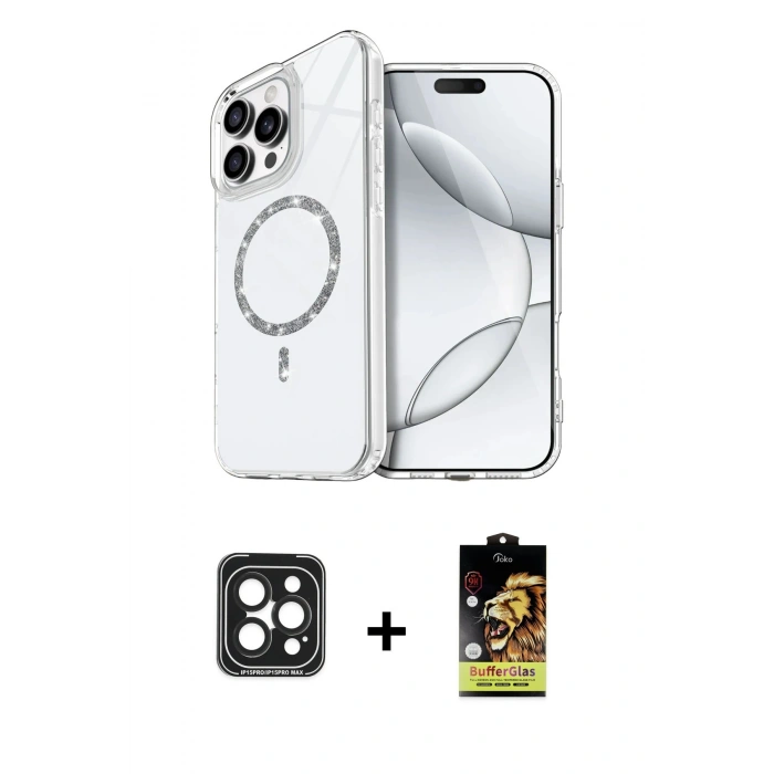 MARSİLYAN™- iPhone 15 Pro Max Kılıf Kıvılcım Form Prime - Siyah Buffer Cam Ekran Koruyucu + PVD Metal Kamera Lens - SH
