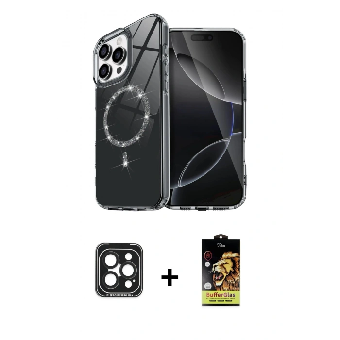 MARSİLYAN™- iPhone 15 Pro Max Kılıf Kıvılcım Form Prime - Siyah Buffer Cam Ekran Koruyucu + PVD Metal Kamera Lens - SH