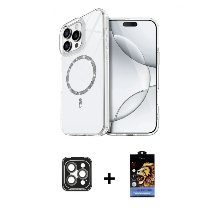 MARSİLYAN™- iPhone 15 Pro Max Kılıf Kıvılcım Form Prime - Siyah Buffer Hayalet Cam Ekran Koruyucu + PVD Metal Kamera Lens - GI