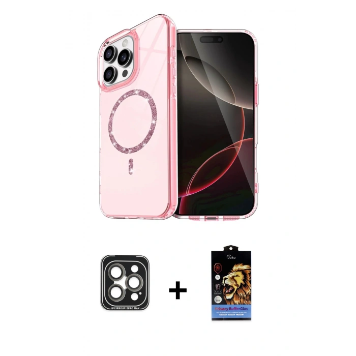 MARSİLYAN™- iPhone 15 Pro Max Kılıf Kıvılcım Form Prime - Siyah Buffer Hayalet Cam Ekran Koruyucu + PVD Metal Kamera Lens - GI