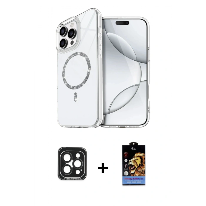 MARSİLYAN™- iPhone 15 Pro Max Kılıf Kıvılcım Form Prime - Siyah Buffer Hayalet Cam Ekran Koruyucu + PVD Metal Kamera Lens - SH