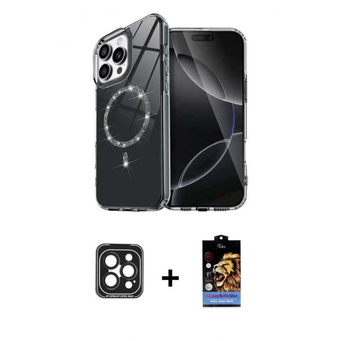 MARSİLYAN™- iPhone 15 Pro Max Kılıf Kıvılcım Form Prime - Siyah Buffer Hayalet Cam Ekran Koruyucu + PVD Metal Kamera Lens - SH