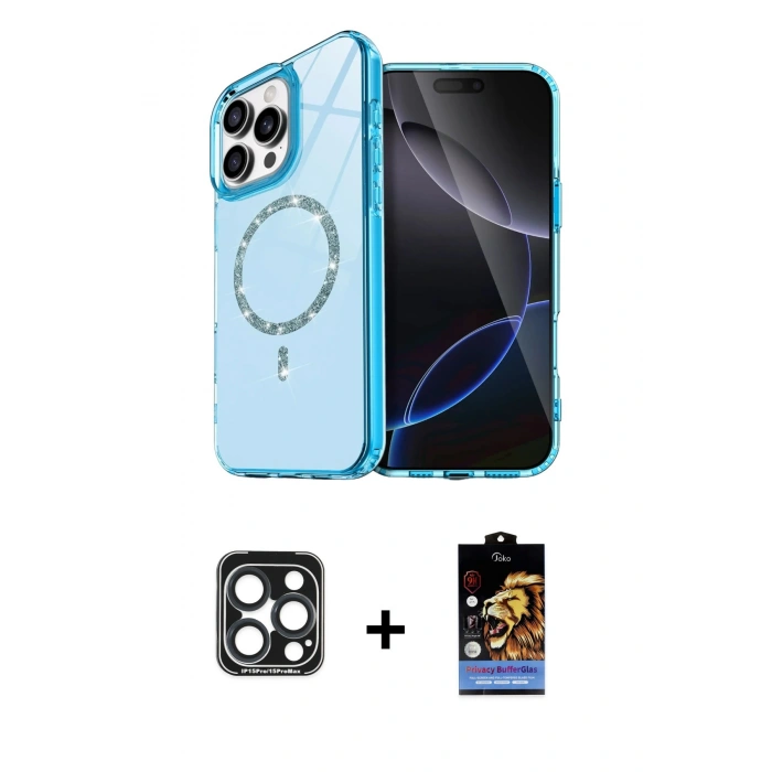 MARSİLYAN™- iPhone 15 Pro Max Kılıf Kıvılcım Form Prime - Siyah Buffer Hayalet Cam Ekran Koruyucu + PVD Metal Kamera Lens - LT
