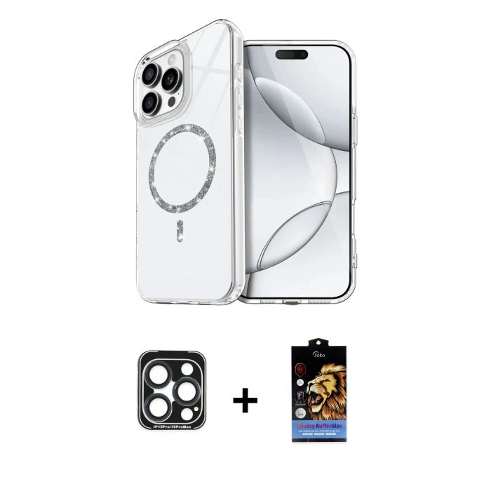 MARSİLYAN™- iPhone 15 Pro Max Kılıf Kıvılcım Form Prime - Siyah Buffer Hayalet Cam Ekran Koruyucu + PVD Metal Kamera Lens - LT