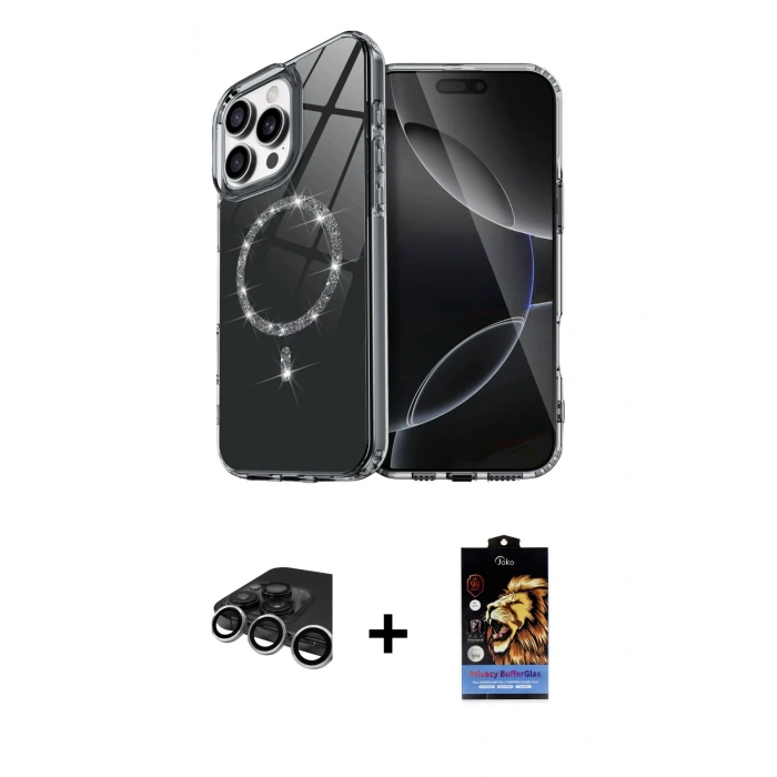 MARSİLYAN™- iPhone 15 Pro Max Kılıf Kıvılcım Form Prime - Siyah Buffer Hayalet Cam Ekran Koruyucu + Raze Metal Kamera Lens - GS