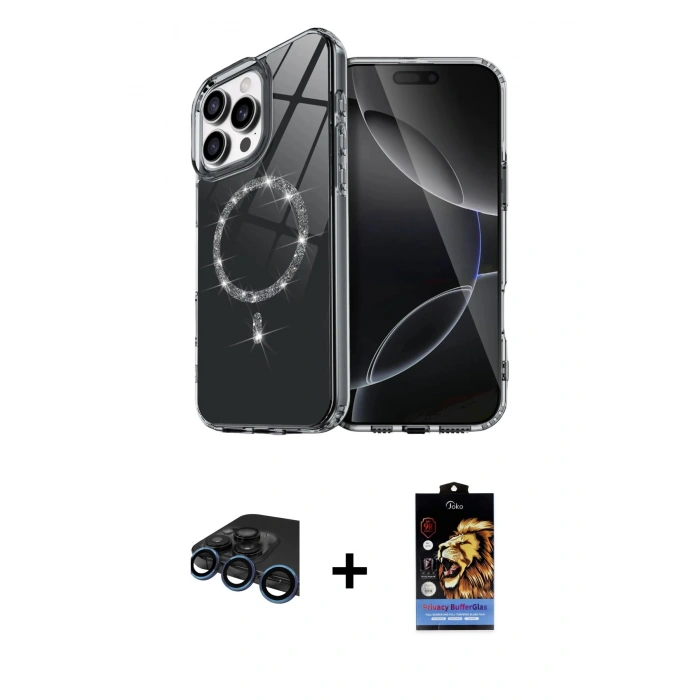 MARSİLYAN™- iPhone 15 Pro Max Kılıf Kıvılcım Form Prime - Siyah Buffer Hayalet Cam Ekran Koruyucu + Raze Metal Kamera Lens - LT