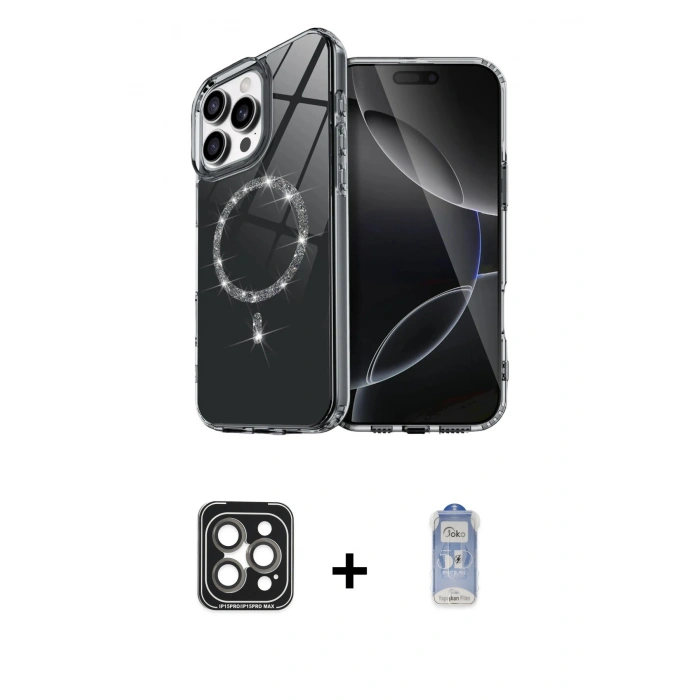 MARSİLYAN™- iPhone 15 Pro Max Kılıf Kıvılcım Form Prime - Siyah Joko Magic 5D Cam + PVD Metal Kamera Lens - GI