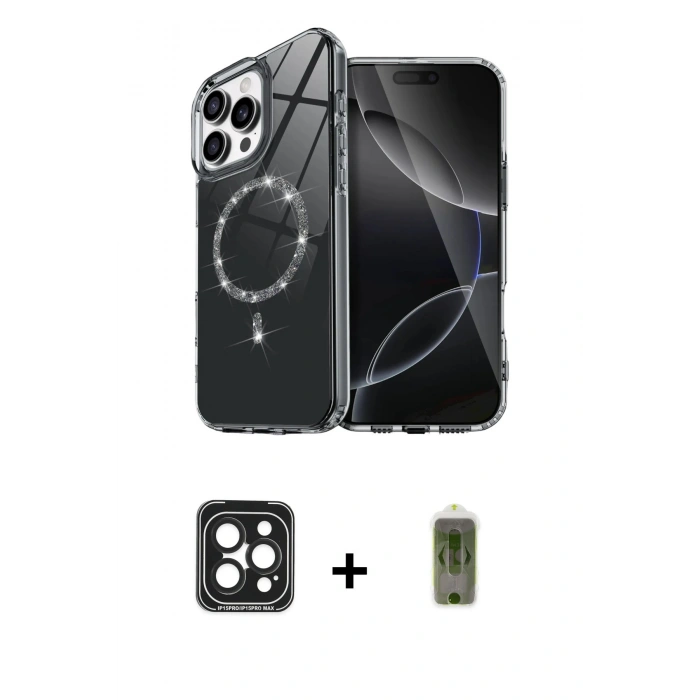 MARSİLYAN™- iPhone 15 Pro Max Kılıf Kıvılcım Form Prime - Siyah Joko Magic 5D Hayalet Cam + Siyah PVD Metal Kamera Lens