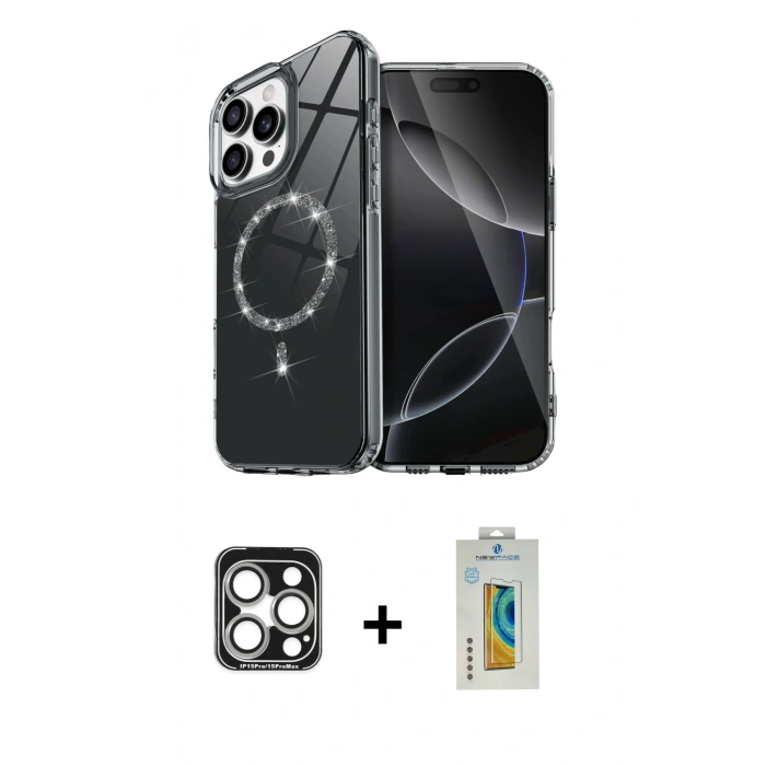 MARSİLYAN™- iPhone 15 Pro Max Kılıf Kıvılcım Form Prime - Siyah Polymer Nano Ekran Koruyucu + Gümüş PVD Metal Kamera Lens