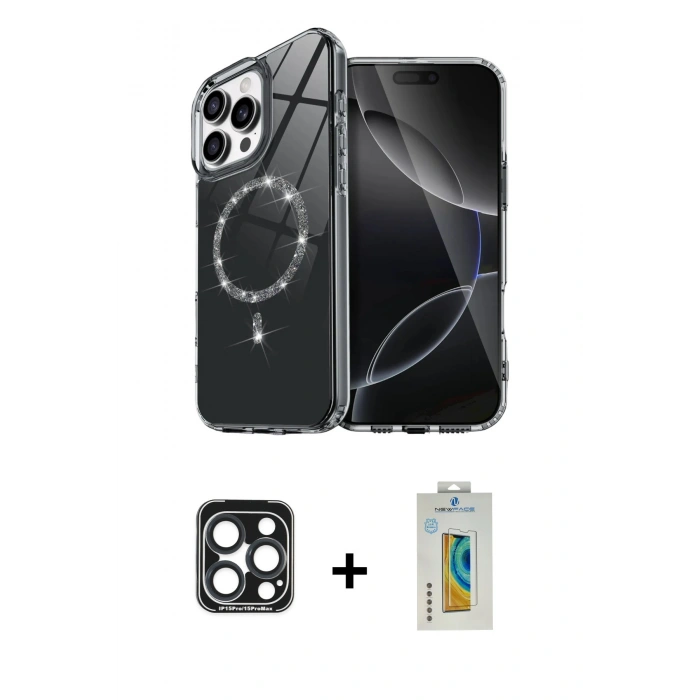MARSİLYAN™- iPhone 15 Pro Max Kılıf Kıvılcım Form Prime - Siyah Polymer Nano Ekran Koruyucu + PVD Metal Kamera Lens - LT