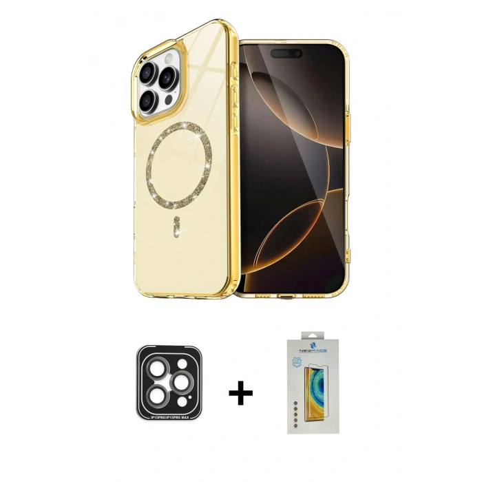 MARSİLYAN™- iPhone 15 Pro Max Kılıf Kıvılcım Form Prime - Siyah Polymer Nano Ekran Koruyucu + PVD Metal Kamera Lens - GI