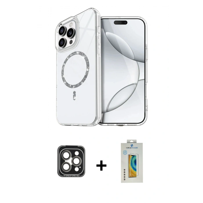 MARSİLYAN™- iPhone 15 Pro Max Kılıf Kıvılcım Form Prime - Siyah Polymer Nano Ekran Koruyucu + PVD Metal Kamera Lens - GI