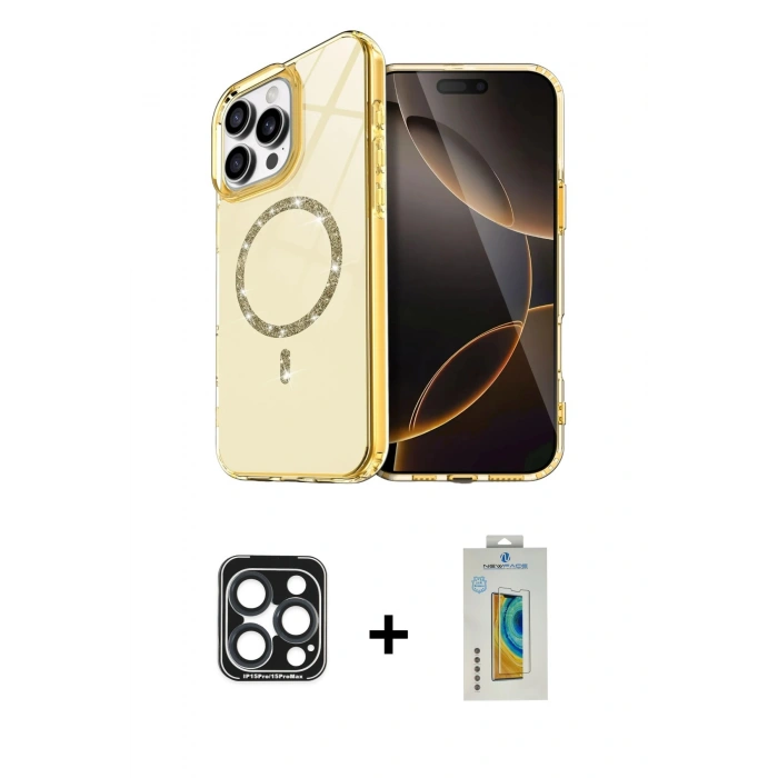 MARSİLYAN™- iPhone 15 Pro Max Kılıf Kıvılcım Form Prime - Siyah Polymer Nano Ekran Koruyucu + PVD Metal Kamera Lens - LT