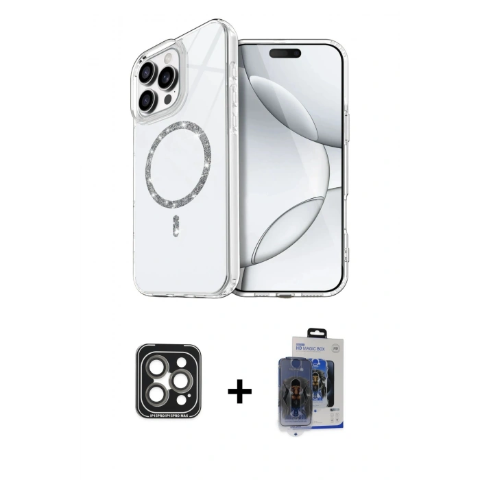 MARSİLYAN™- iPhone 15 Pro Max Kılıf Kıvılcım Form Prime - Siyah Vanessa Magic Cam + Gri PVD Metal Kamera Lens