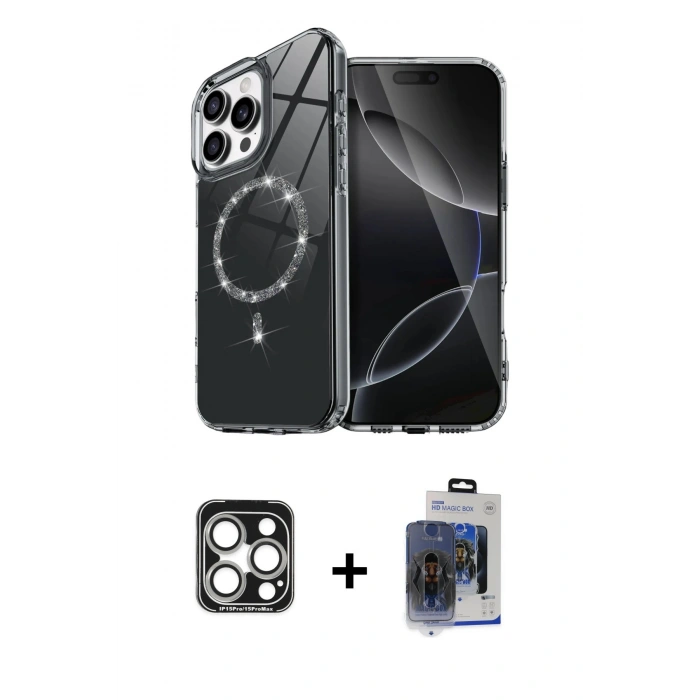 MARSİLYAN™- iPhone 15 Pro Max Kılıf Kıvılcım Form Prime - Siyah Vanessa Magic Cam + PVD Metal Kamera Lens - GS
