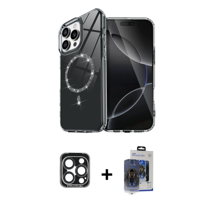 MARSİLYAN™- iPhone 15 Pro Max Kılıf Kıvılcım Form Prime - Siyah Vanessa Magic Cam + PVD Metal Kamera Lens - LT
