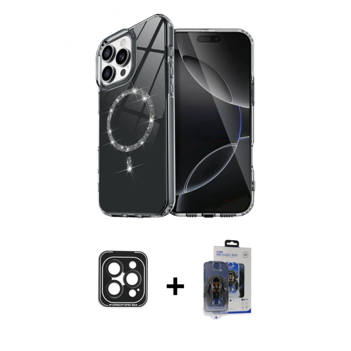 MARSİLYAN™- iPhone 15 Pro Max Kılıf Kıvılcım Form Prime - Siyah Vanessa Magic Cam + PVD Metal Kamera Lens - SH