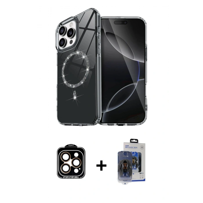 MARSİLYAN™- iPhone 15 Pro Max Kılıf Kıvılcım Form Prime - Siyah Vanessa Magic Cam + Turuncu PVD Metal Kamera Lens