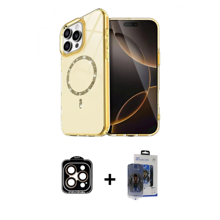 MARSİLYAN™- iPhone 15 Pro Max Kılıf Kıvılcım Form Prime - Siyah Vanessa Magic Cam + Turuncu PVD Metal Kamera Lens