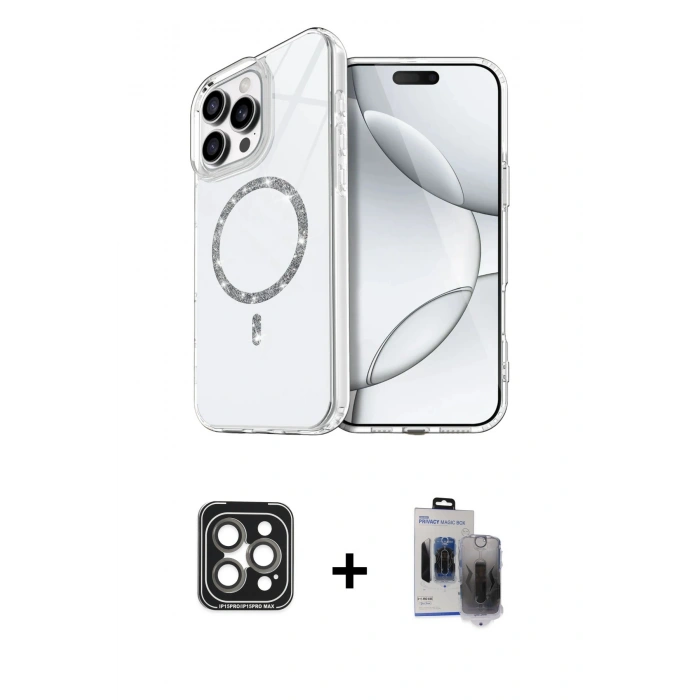 MARSİLYAN™- iPhone 15 Pro Max Kılıf Kıvılcım Form Prime - Siyah Vanessa Magic Hayalet Cam + Gri PVD Metal Kamera Lens