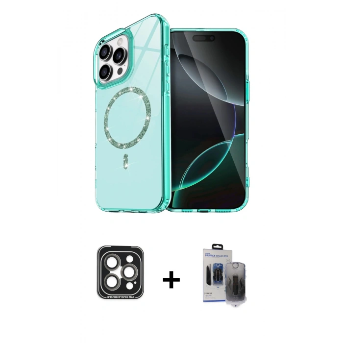 MARSİLYAN™- iPhone 15 Pro Max Kılıf Kıvılcım Form Prime - Siyah Vanessa Magic Hayalet Cam + Gri PVD Metal Kamera Lens