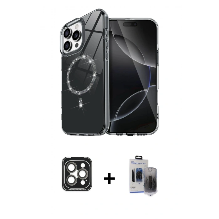 MARSİLYAN™- iPhone 15 Pro Max Kılıf Kıvılcım Form Prime - Siyah Vanessa Magic Hayalet Cam + Gri PVD Metal Kamera Lens