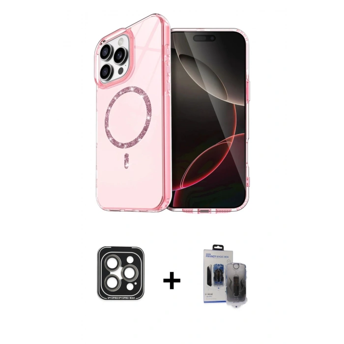 MARSİLYAN™- iPhone 15 Pro Max Kılıf Kıvılcım Form Prime - Siyah Vanessa Magic Hayalet Cam + Gri PVD Metal Kamera Lens
