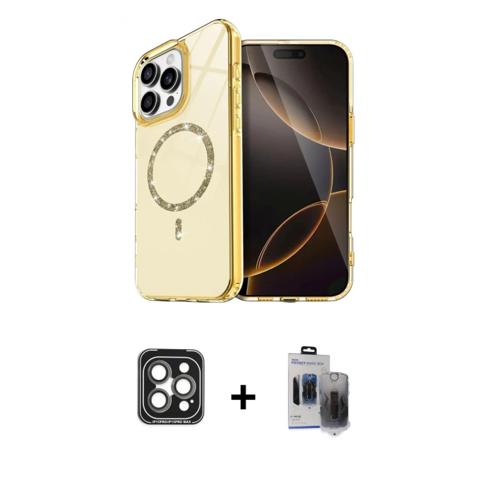 MARSİLYAN™- iPhone 15 Pro Max Kılıf Kıvılcım Form Prime - Siyah Vanessa Magic Hayalet Cam + Gri PVD Metal Kamera Lens