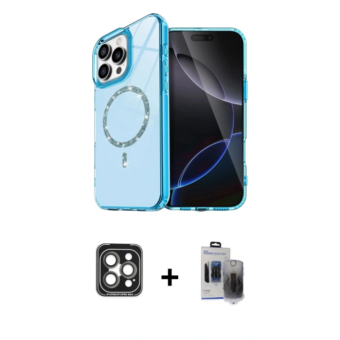 MARSİLYAN™- iPhone 15 Pro Max Kılıf Kıvılcım Form Prime - Siyah Vanessa Magic Hayalet Cam + Gri PVD Metal Kamera Lens