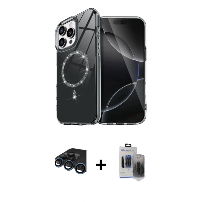 MARSİLYAN™- iPhone 15 Pro Max Kılıf Kıvılcım Form Prime - Siyah Vanessa Magic Hayalet Cam + Raze Metal Kamera Lens - LT