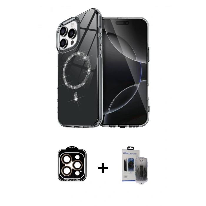 MARSİLYAN™- iPhone 15 Pro Max Kılıf Kıvılcım Form Prime - Siyah Vanessa Magic Hayalet Cam + PVD Metal Kamera Lens - TU