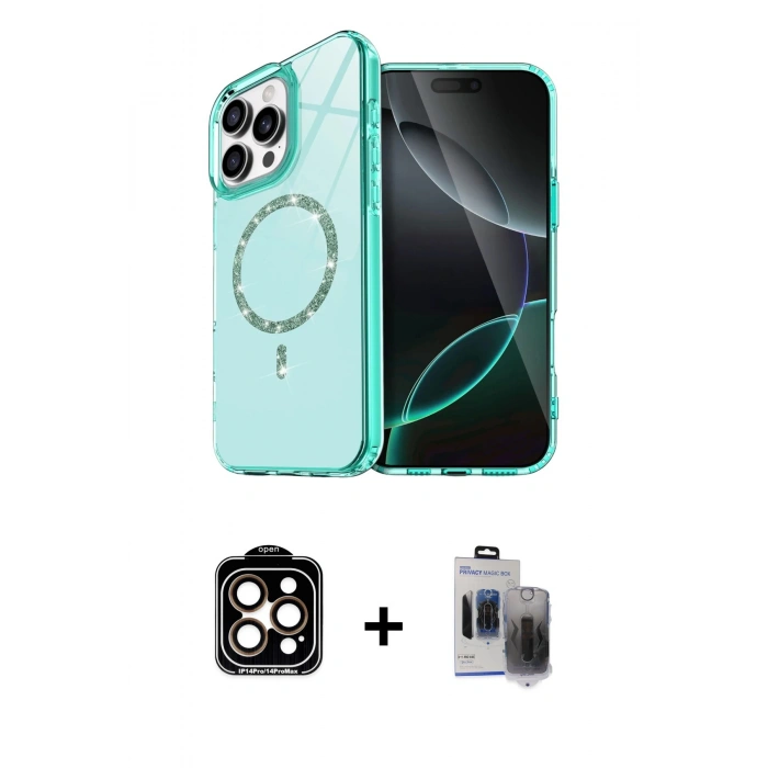 MARSİLYAN™- iPhone 15 Pro Max Kılıf Kıvılcım Form Prime - Siyah Vanessa Magic Hayalet Cam + PVD Metal Kamera Lens - TU