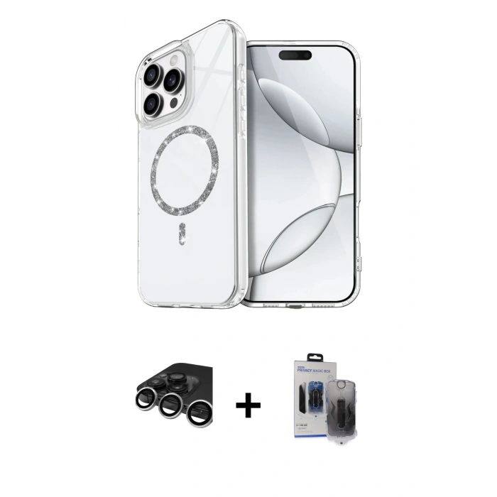 MARSİLYAN™- iPhone 15 Pro Max Kılıf Kıvılcım Form Prime - Siyah Vanessa Magic Hayalet Cam + Raze Metal Kamera Lens - GS