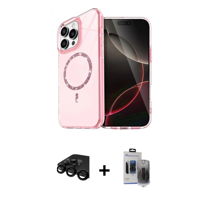 MARSİLYAN™- iPhone 15 Pro Max Kılıf Kıvılcım Form Prime - Siyah Vanessa Magic Hayalet Cam + Raze Metal Kamera Lens - SH