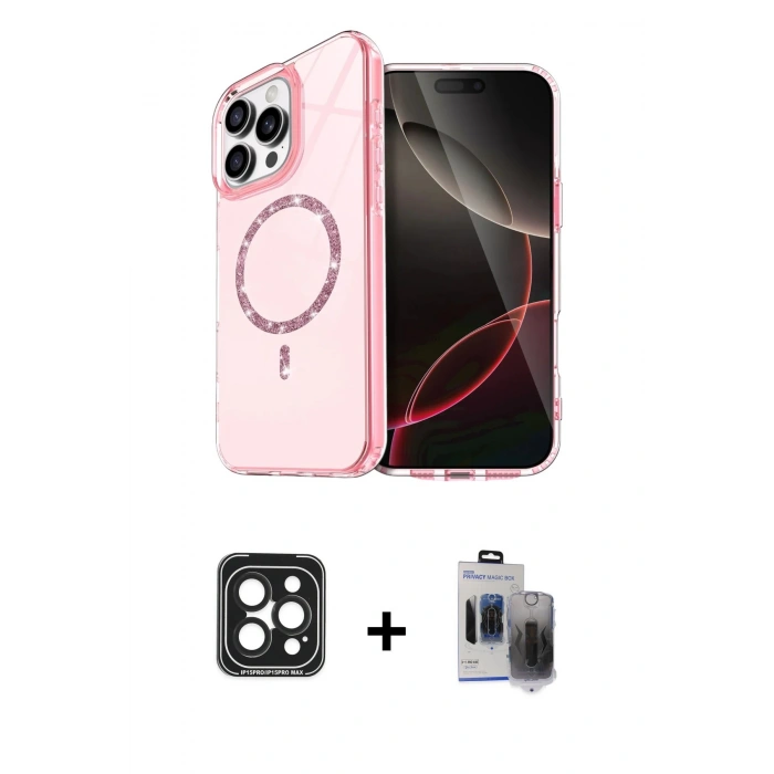MARSİLYAN™- iPhone 15 Pro Max Kılıf Kıvılcım Form Prime - Siyah Vanessa Magic Hayalet Cam + PVD Metal Kamera Lens - SH