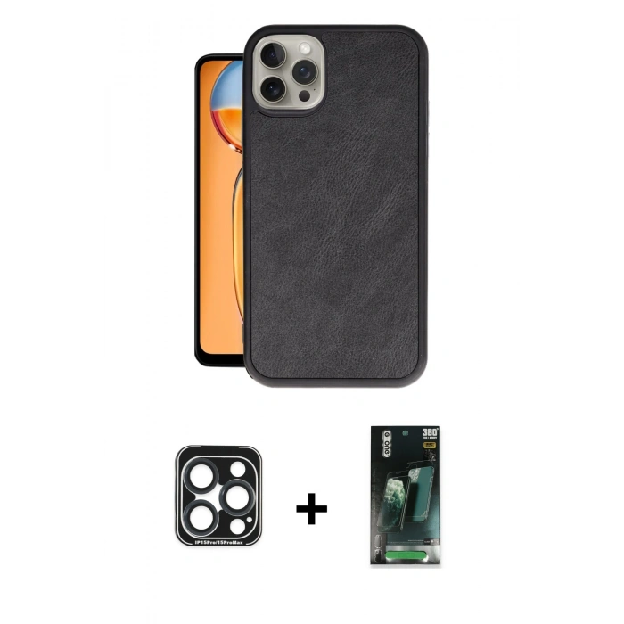 MARSİLYAN™- iPhone 15 Pro Max Kılıf Kıvılcım Işık Serisi - Siyah 360 Mat Full Body Arka Koruyucu + PVD Metal Kamera Lens - LT