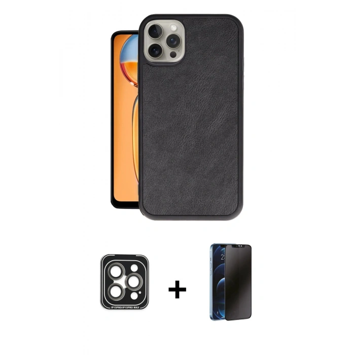 MARSİLYAN™- iPhone 15 Pro Max Kılıf Kıvılcım Işık Serisi - Siyah 3D Antistatik Hayalet Cam Ekran Koruyucu + PVD Metal Kamera Lens - GI